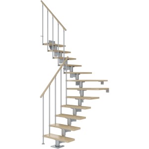 Dolle Mittelholmtreppe Cork, Ahornstufen, perlgraues Geländer, gewendelte Innentreppe.