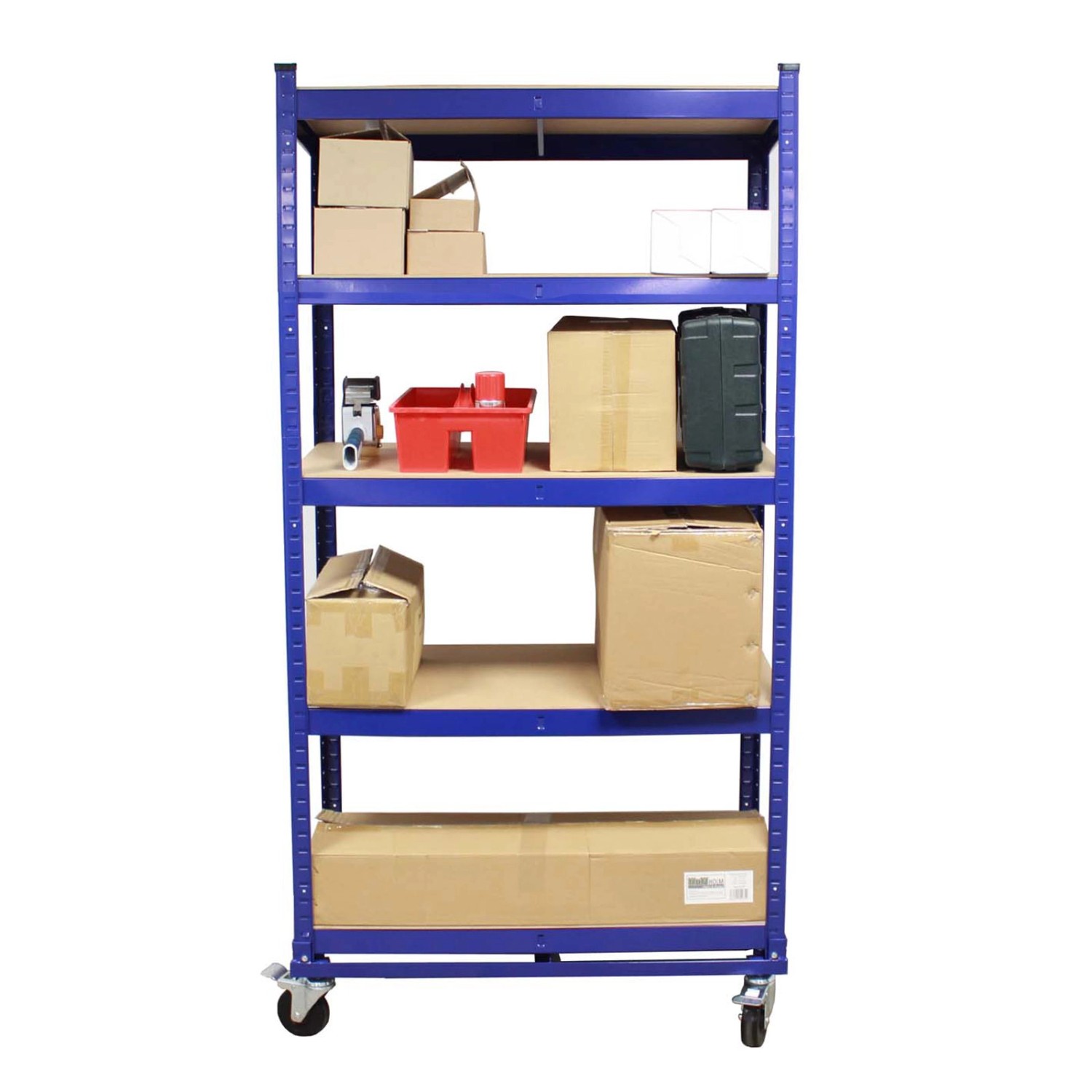 Blauer TRUTZHOLM Etagenwagen mit 5 Ebenen und Rollen, beladen mit Kartons und Werkzeug.
