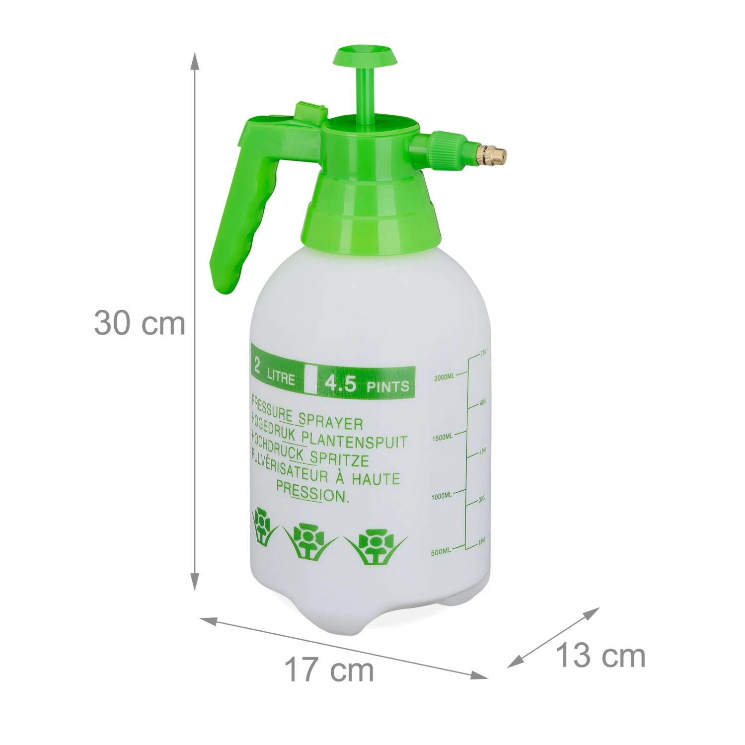 Grüner Relaxdays Drucksprüher aus Kunststoff, 2 Liter, für Garten und Pflanzenpflege.