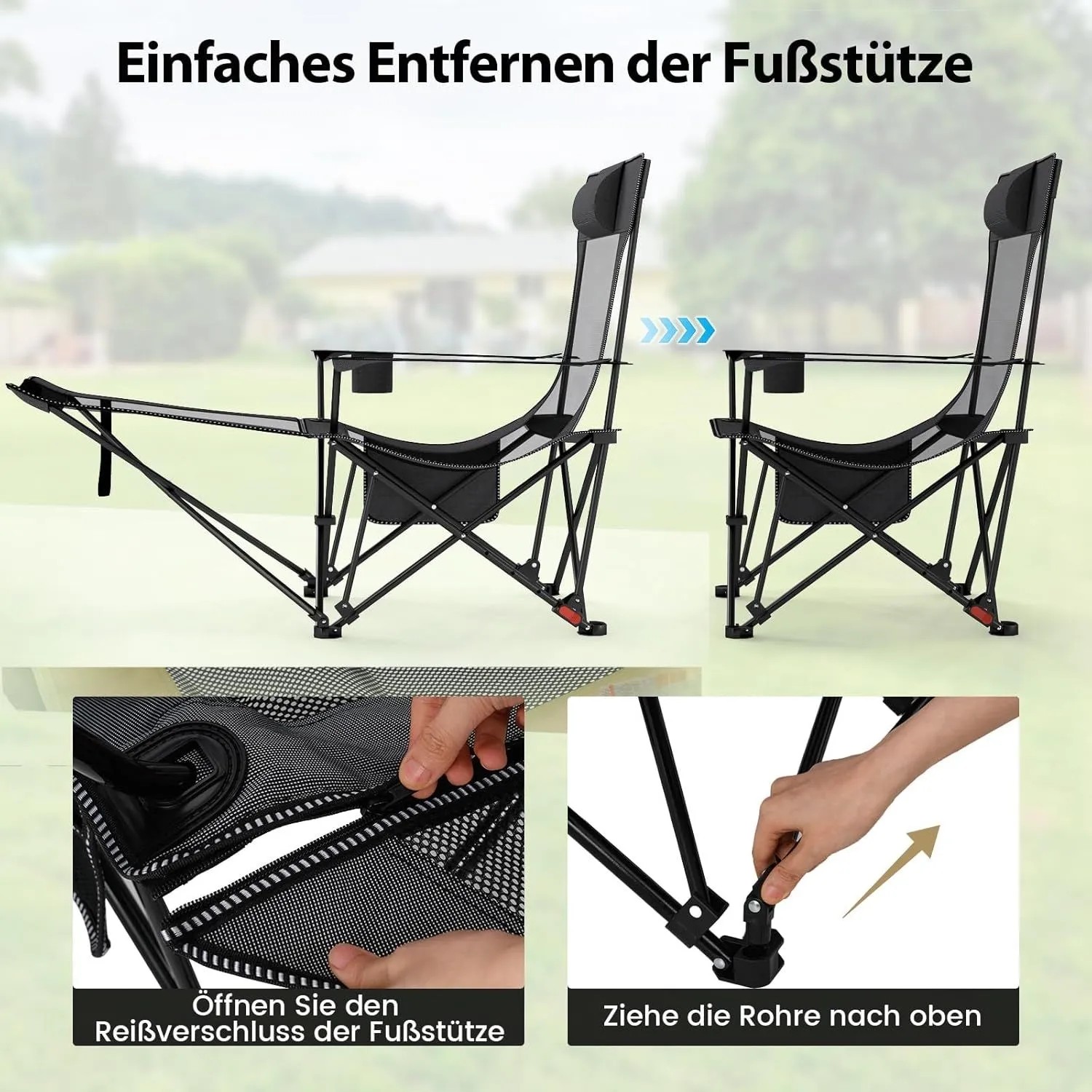 Grauer Costway Campingstuhl mit abnehmbarer Fußablage. Detailansicht der Entfernung mittels Reißverschluss und Rohren.