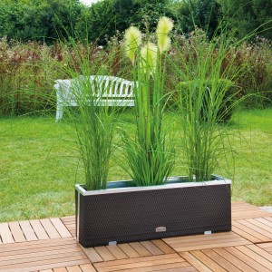 Braunes Polyrattan-Pflanzgefäß (70 cm) mit Alubeschlägen, bepflanzt mit Ziergräsern.