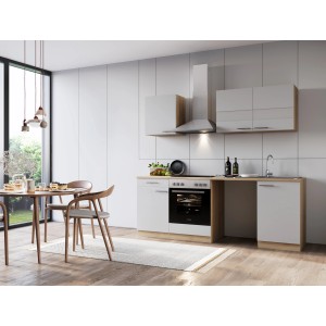 Respekta Küchenblock Merle 220 cm in Eiche Weiß mit Waschmaschinennische und Elektrogeräten.