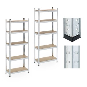 Zwei silberne Relaxdays Schwerlastregale aus Stahl mit 5 MDF-Böden. Stecksystem, Bodenschoner. Für Keller, Garage, Lager.