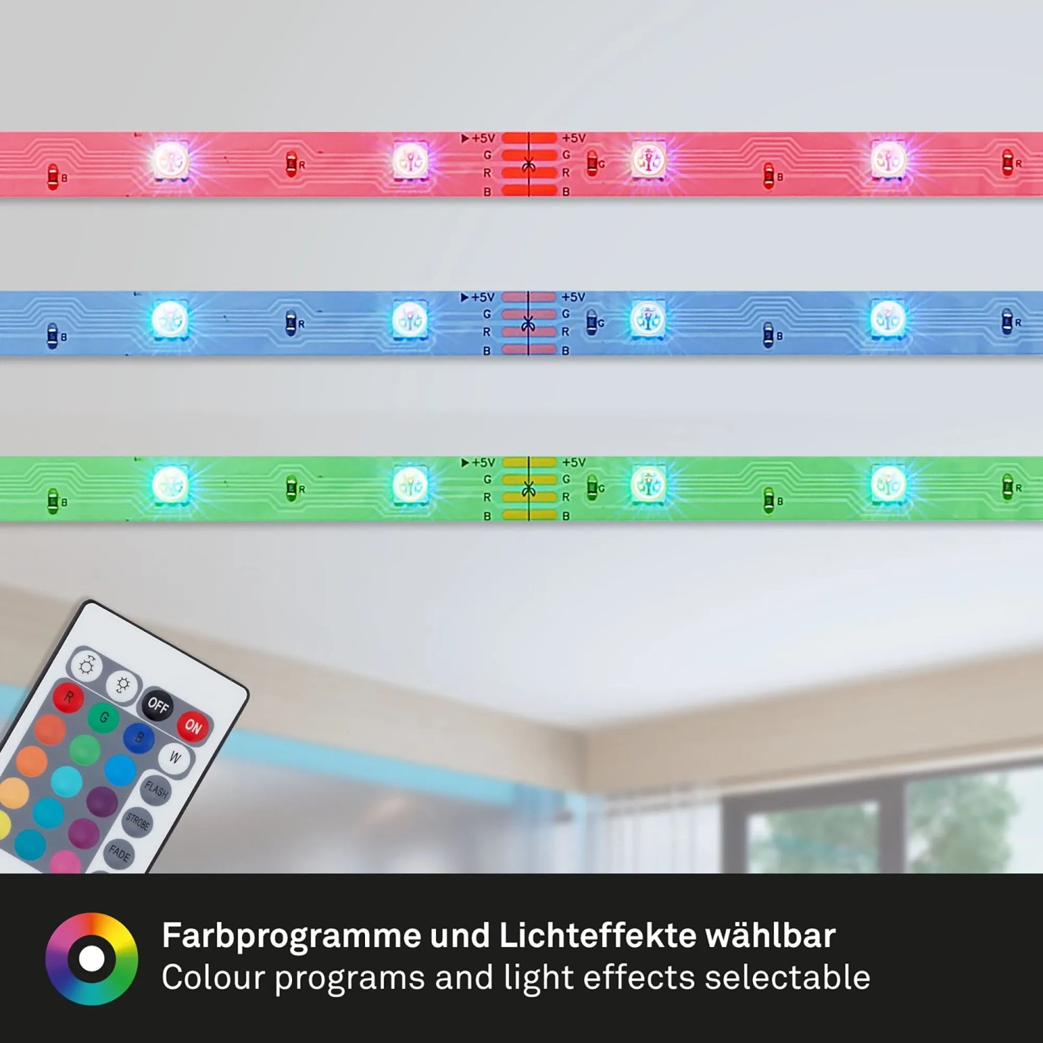 RGB LED-Strip mit Fernbedienung, verschiedene Farben und Dimmfunktion, 10 m lang.