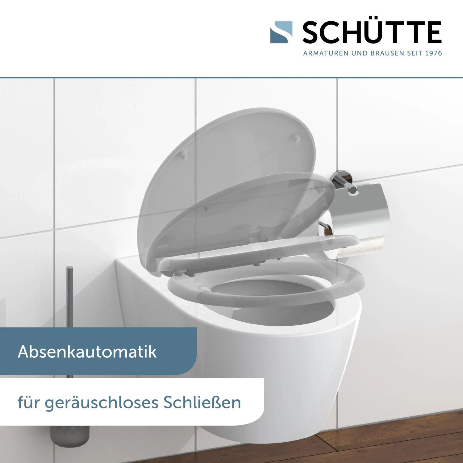 Schütte WC-Sitz Duroplast Grau mit Absenkautomatik und Schnellverschluss auf WC.