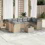 Beige 10-tlg. vidaXL Garten-Sofagarnitur aus Rattan mit grauen Kissen und Tisch auf einem Teppich.