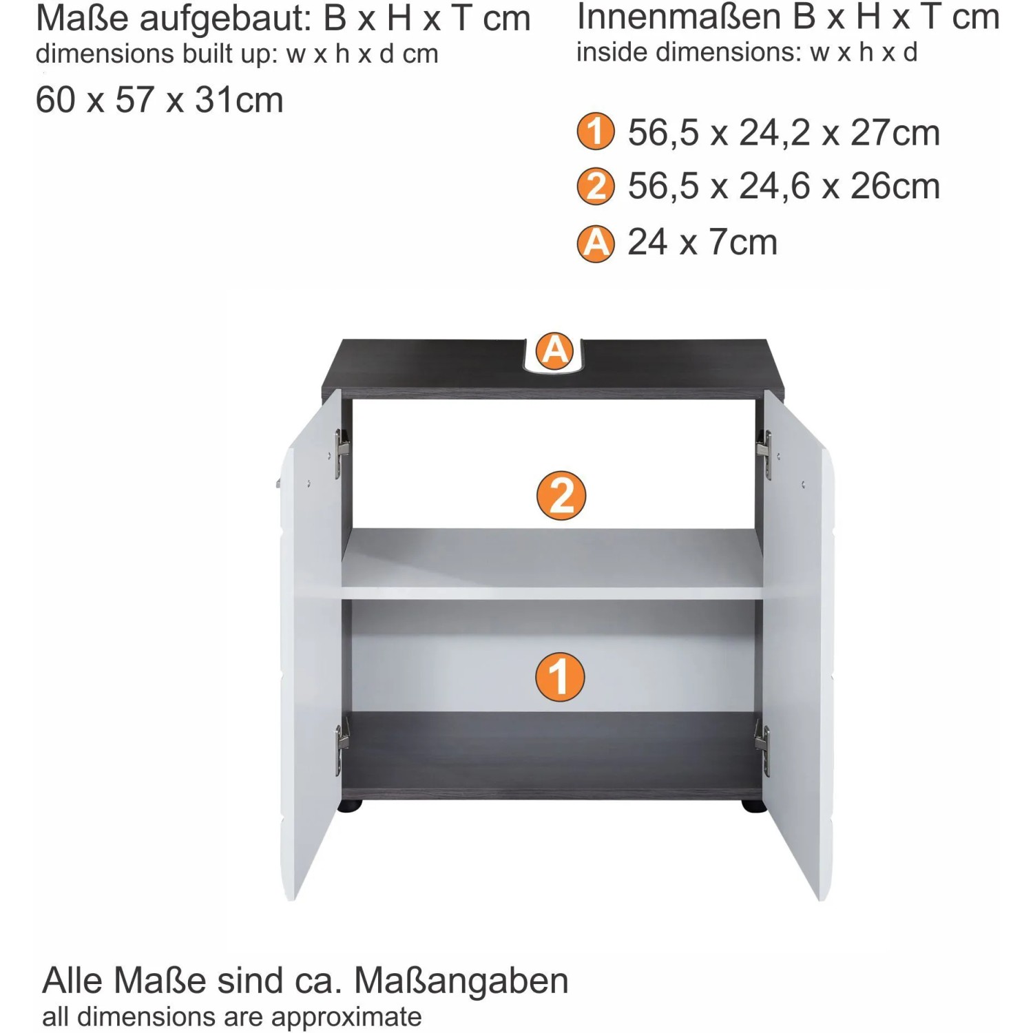 Trendteam Waschbeckenunterschrank LineSkinBD, weiß, 60 cm breit, mit zwei offenen Türen und zwei Regalböden.