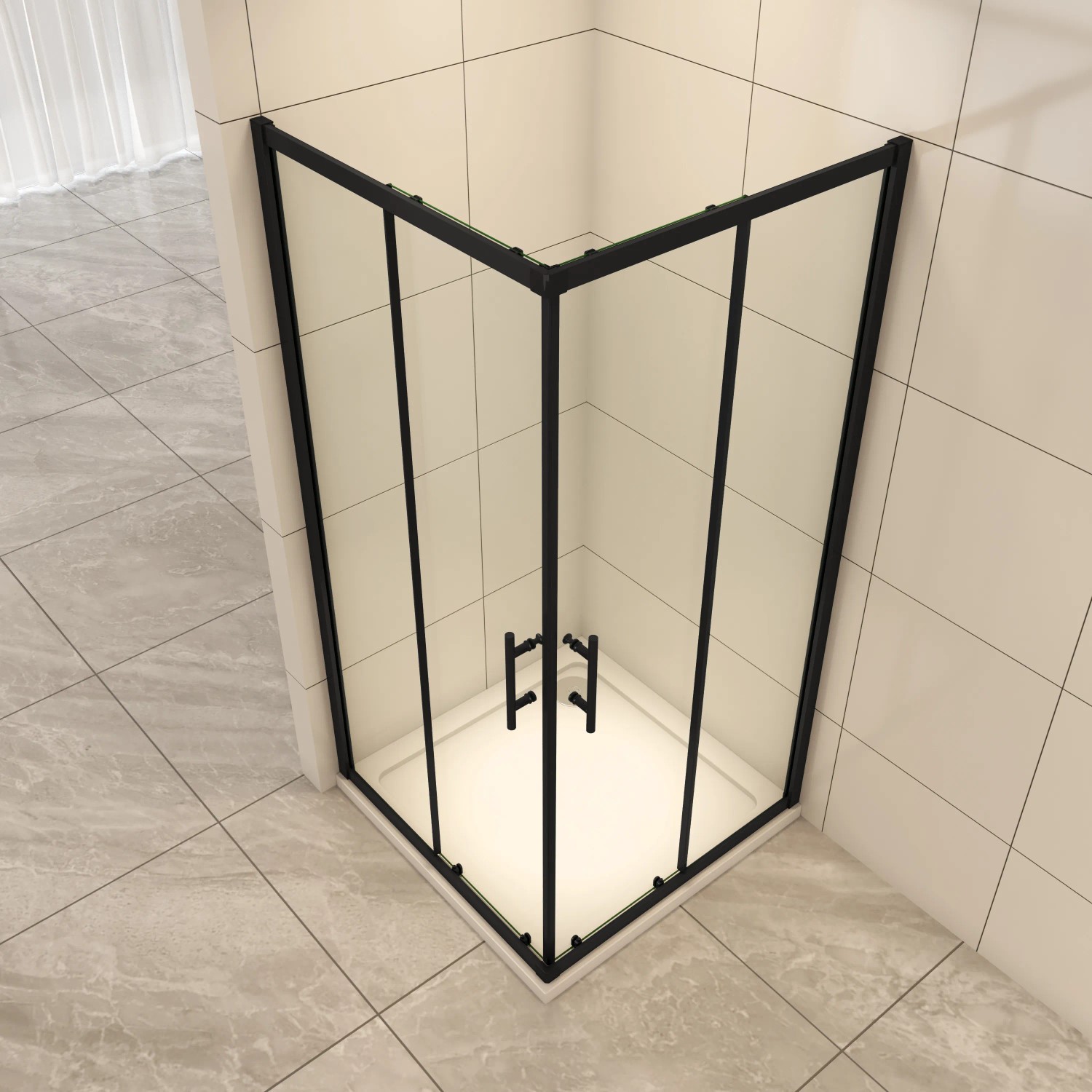 Schwarze Duschkabine 80x90 cm mit Eckeinstieg und Schiebetür aus Nano ESG Glas.