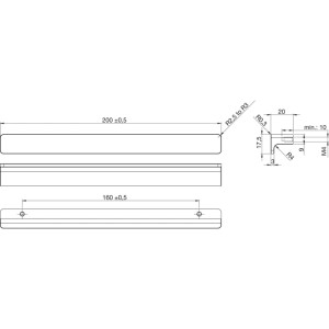 Technische Zeichnung der Furnipart Elan Griffleiste, Schwarz Matt, 200mm Breite, 160mm Lochabstand.