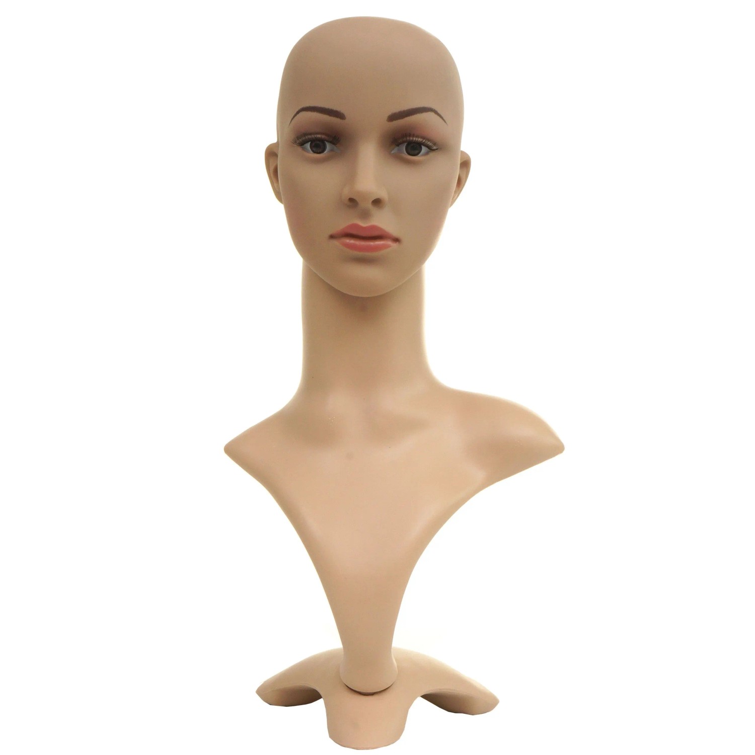 Beiger MCW Mannequin-Kopf G70 mit geschminktem Gesicht auf stabilem Standfuß. Für Perücken, Schmuck, Deko.