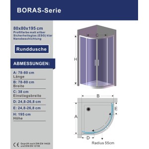 Aquabatos Viertelkreis-Duschkabine Runddusche 6 mm ESG Sicherheitsglas Duschabtrennung Schiebetür 80 x 80 x 195 cm Duschtrennwand Glaswand Rund Dusche