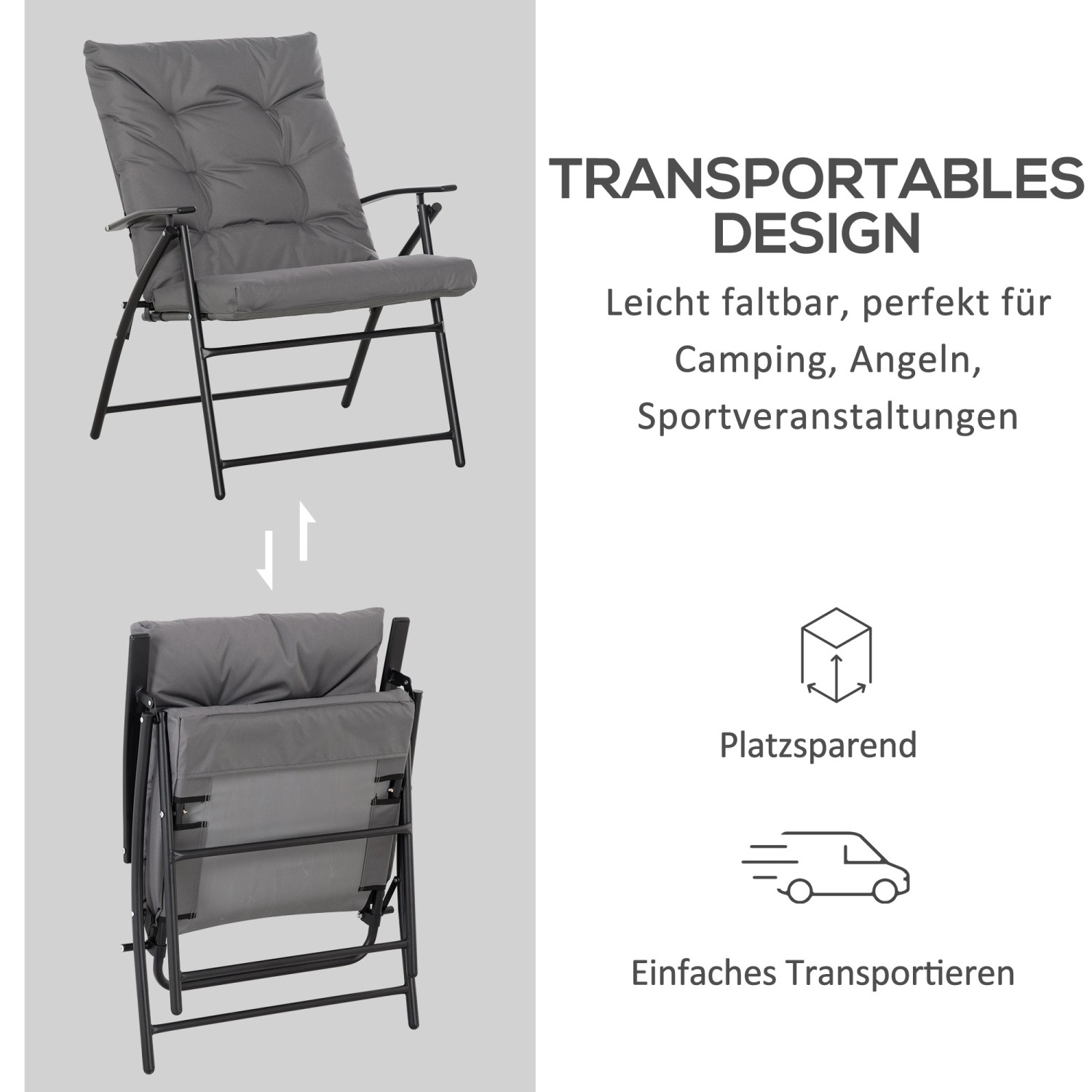 Grauer Outsunny Campingstuhl aus Metall und Polyester, faltbar für Camping & Outdoor.