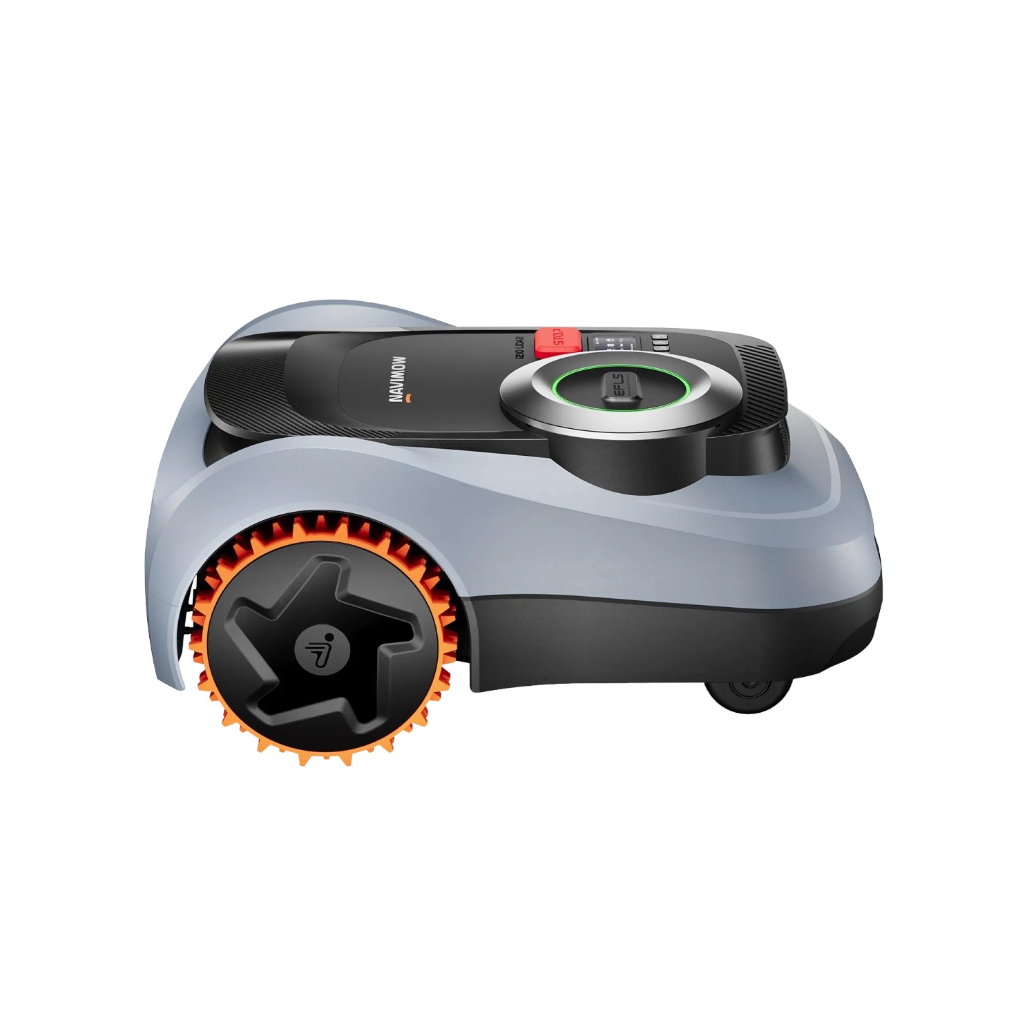 Segway Navimow i210E LiDAR Mähroboter, grau-schwarz, mit orangefarbenem Rad. Kabellose Rasenpflege bis 1.000 m².