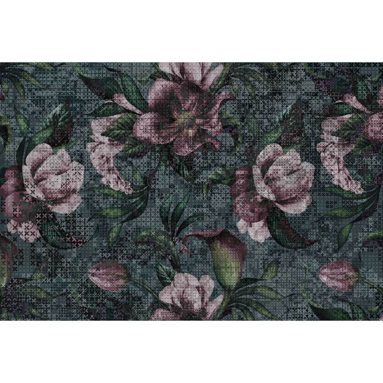 Fototapete Blumen Mosaik Blau Rosa Grün 4,00 m x 2,70 m FSC® günstig online kaufen