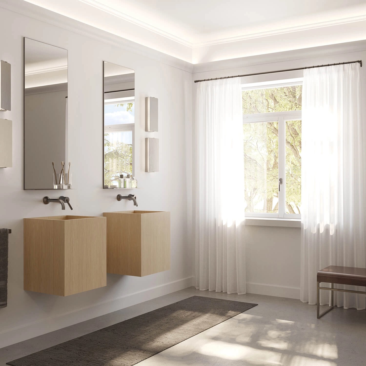 Badezimmer mit indirekter Beleuchtung durch graue NOEL & MARQUET NMC Eckleisten.