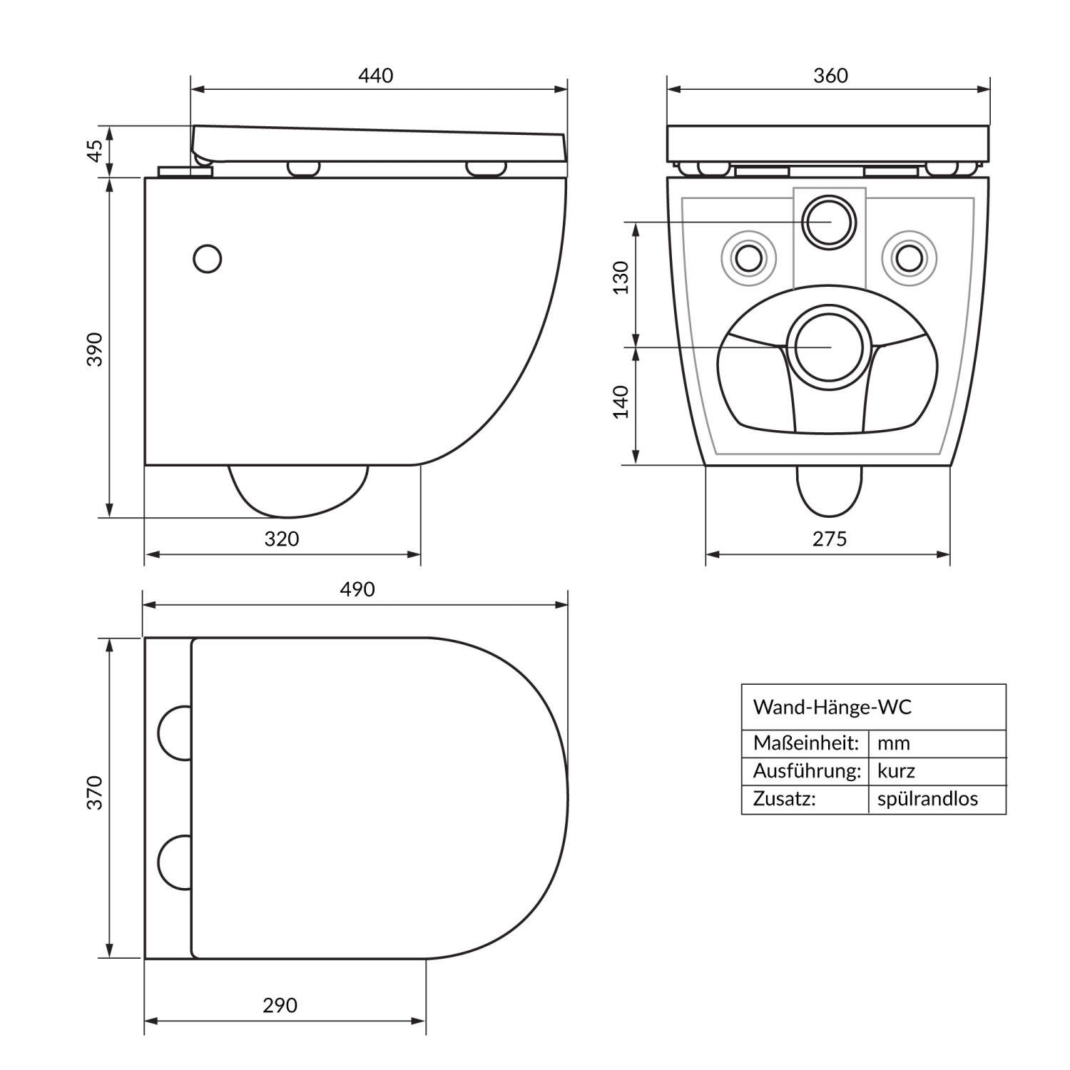 Technische Zeichnung: Spülrandloses Hänge-WC mit Nano-Beschichtung, kurze Ausladung (49cm), Maße in mm.