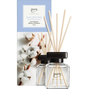 ipuro Raumduft Essentials Cotton Fields 50ml mit Duftstäbchen und Verpackung.