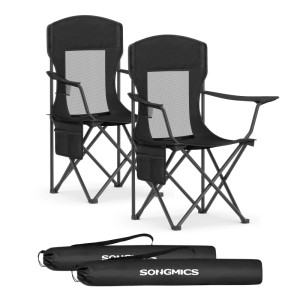 Songmics Campingstuhl-Set, 2 schwarze Stühle mit Armlehnen und Tragetaschen.