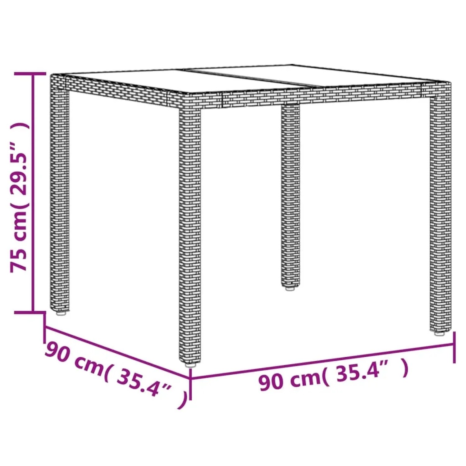 Detailansicht des vidaXL Garten-Esstisches aus schwarzem Poly Rattan und Akazienholz mit Maßangaben.