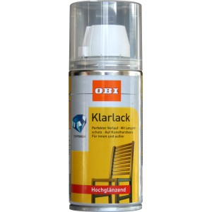 OBI Klarlack Spray, transparent, hochglänzend, 150 ml Dose für Holz, Metall, Innen- & Außenbereich.