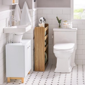 SoBuy Nischenregal NSR01-PF in Vintage-Optik mit 4 Etagen und Rollen im Badezimmer.