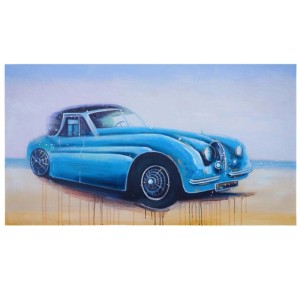 Handgemaltes Ölgemälde: Blauer Oldtimer am Strand. Wandgemälde auf Leinwand, Dekoartikel.