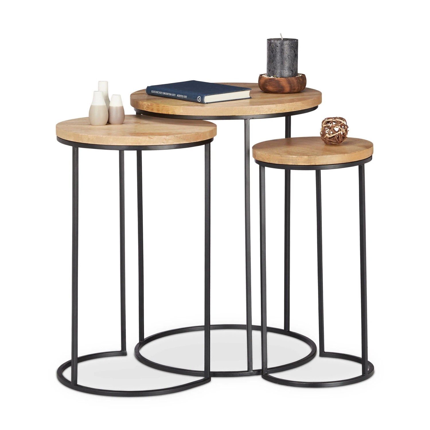 Relaxdays Beistelltisch 3er Set Mangoholz Schwarz Platzsparend 56 cm x 41 cm 6,3 kg