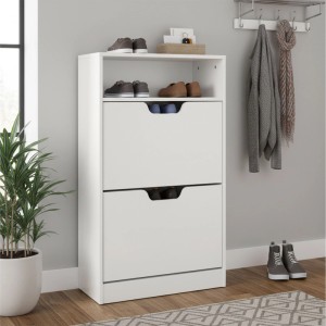 Weißer Relaxdays Schuhkipper mit zwei Klappen und offenem Fach. Schuhkommode aus Holzwerkstoff.