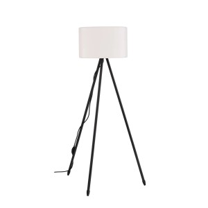 Schwarze Lucande Jaimy Stehlampe mit weißem Lampenschirm und Stativfuß, Innenleuchte.