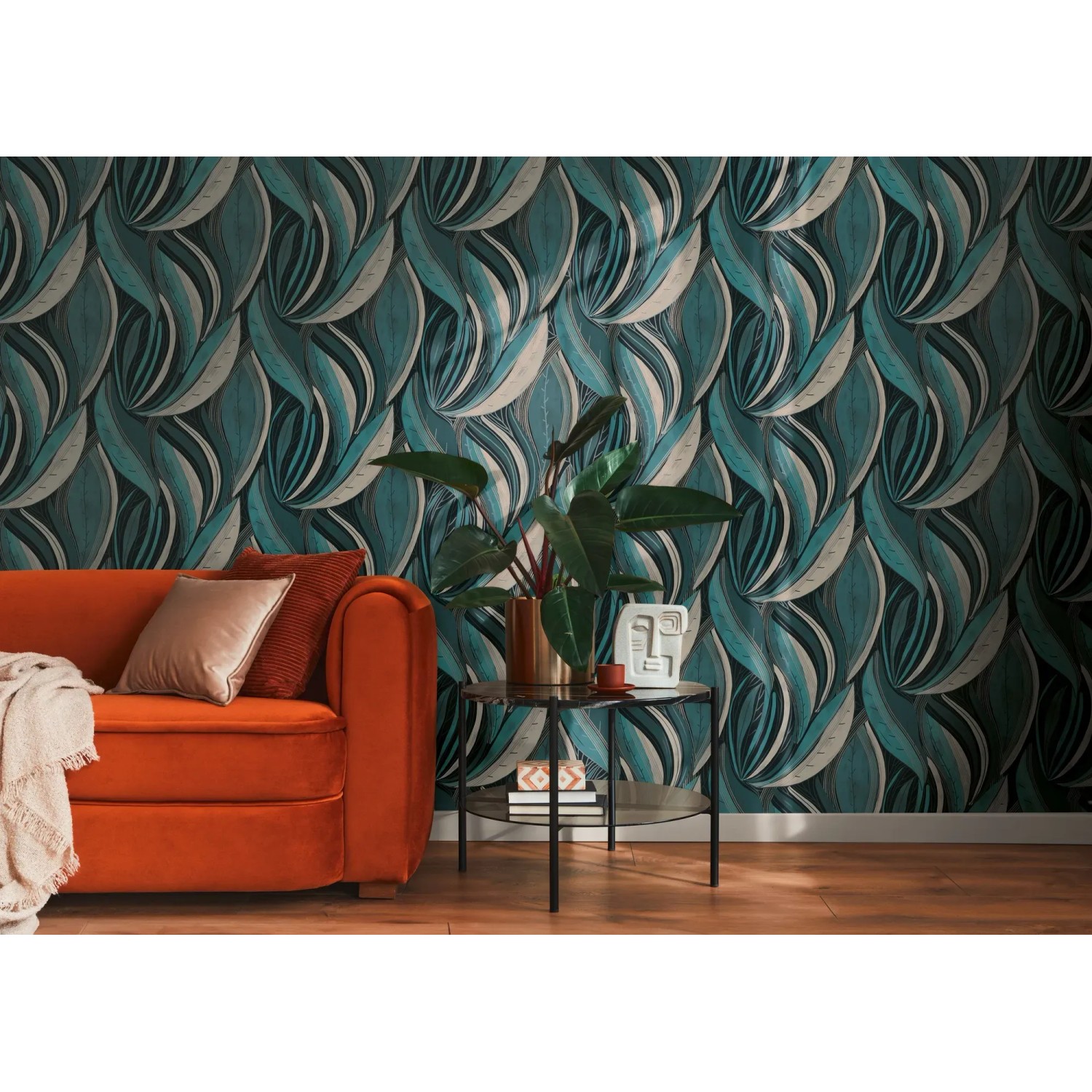 A.S. Creation Vliestapete mit floralem Blätter-Design in Blau-Grau für moderne Wohnräume.