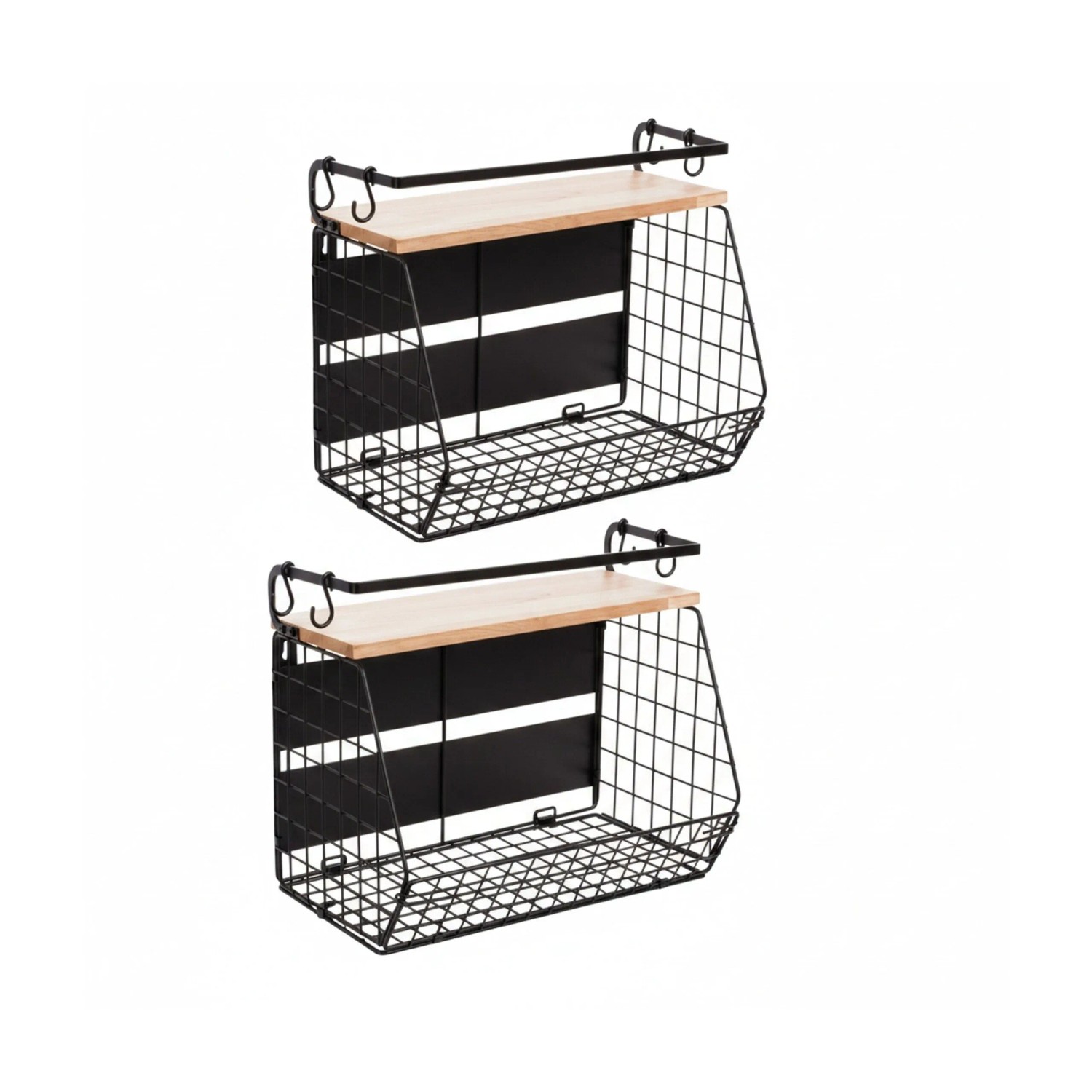 Relaxdays Obstkorb Wandregal Eisen Gummiholz PP Magnetisch 2er Set 30 cm x 35,5 cm x 21 cm 2 kg