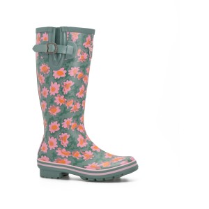 Grüner Rouchette Gummistiefel Daisies mit pink-orangem Blumenmuster, Schnalle und gestreifter Sohle. Gartenbekleidung.
