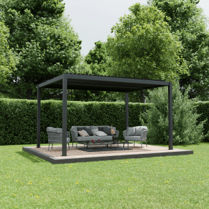 Dunkelgraue Ximax Pergola Shade 300x400 cm aus Aluminium mit Lamellendach im Garten.