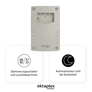 Oktaplex Bela Dämmerungsschalter für Außen mit Timer, grau-weiß, IP65 wetterfest.