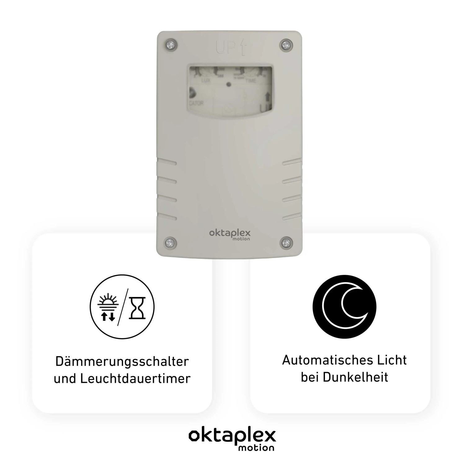 Oktaplex Bela Dämmerungsschalter für Außen mit Timer, grau-weiß, IP65 wetterfest.