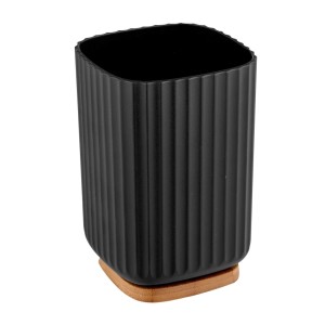 WENKO Rotello Zahnputzbecher schwarz, quadratisch, geriffelt, mit hellem Bambusboden. Ideal für Bad & Kosmetik.