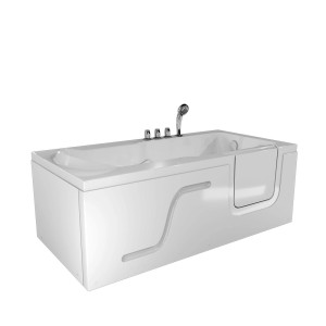 Weiße AquaVapore Seniorenwanne mit Tür, 150x75 cm, Handbrause. Rechteck-Badewanne für komfortables Baden.