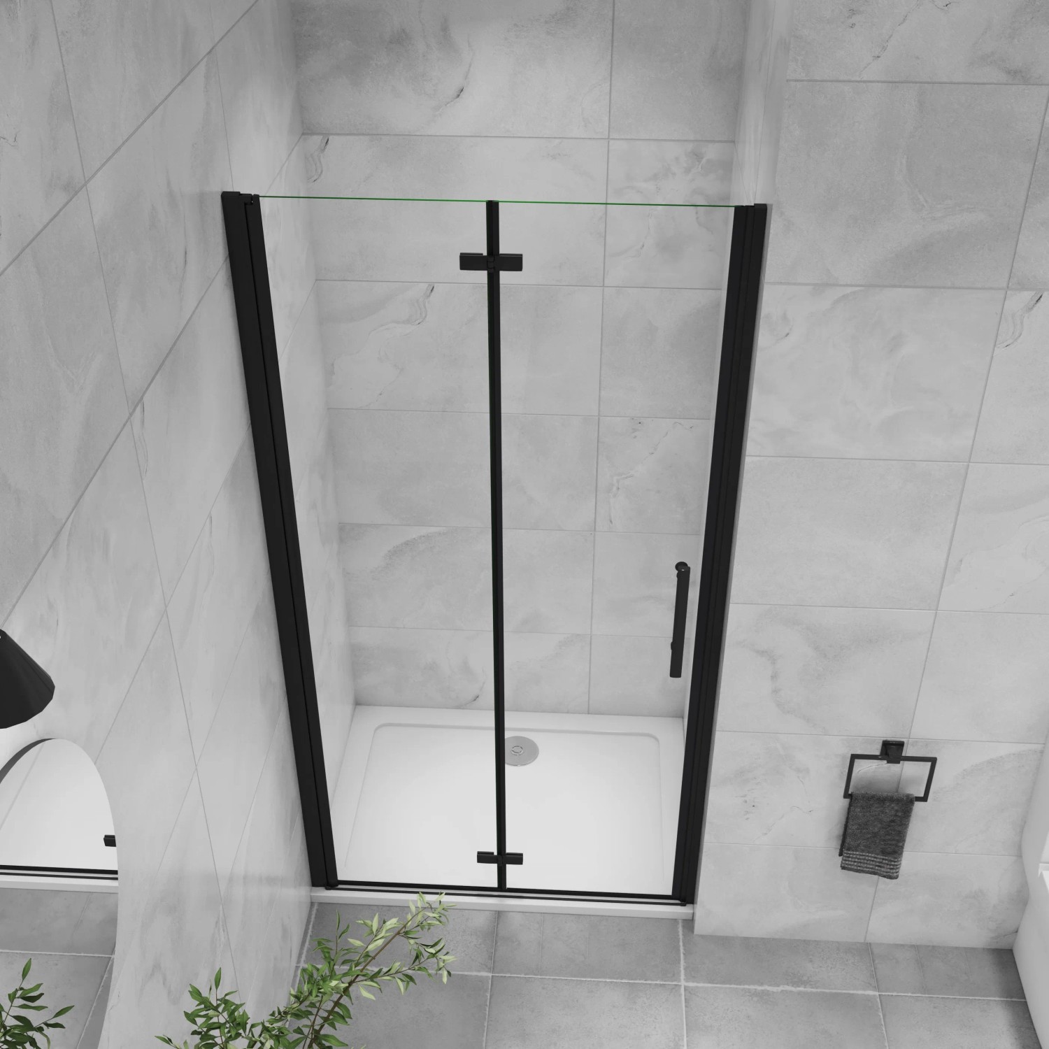 Schwarze AICA Falttür Dusche mit ESG Glas, 76x195cm, schwenkbar. Duschabtrennung für barrierefreies Bad.