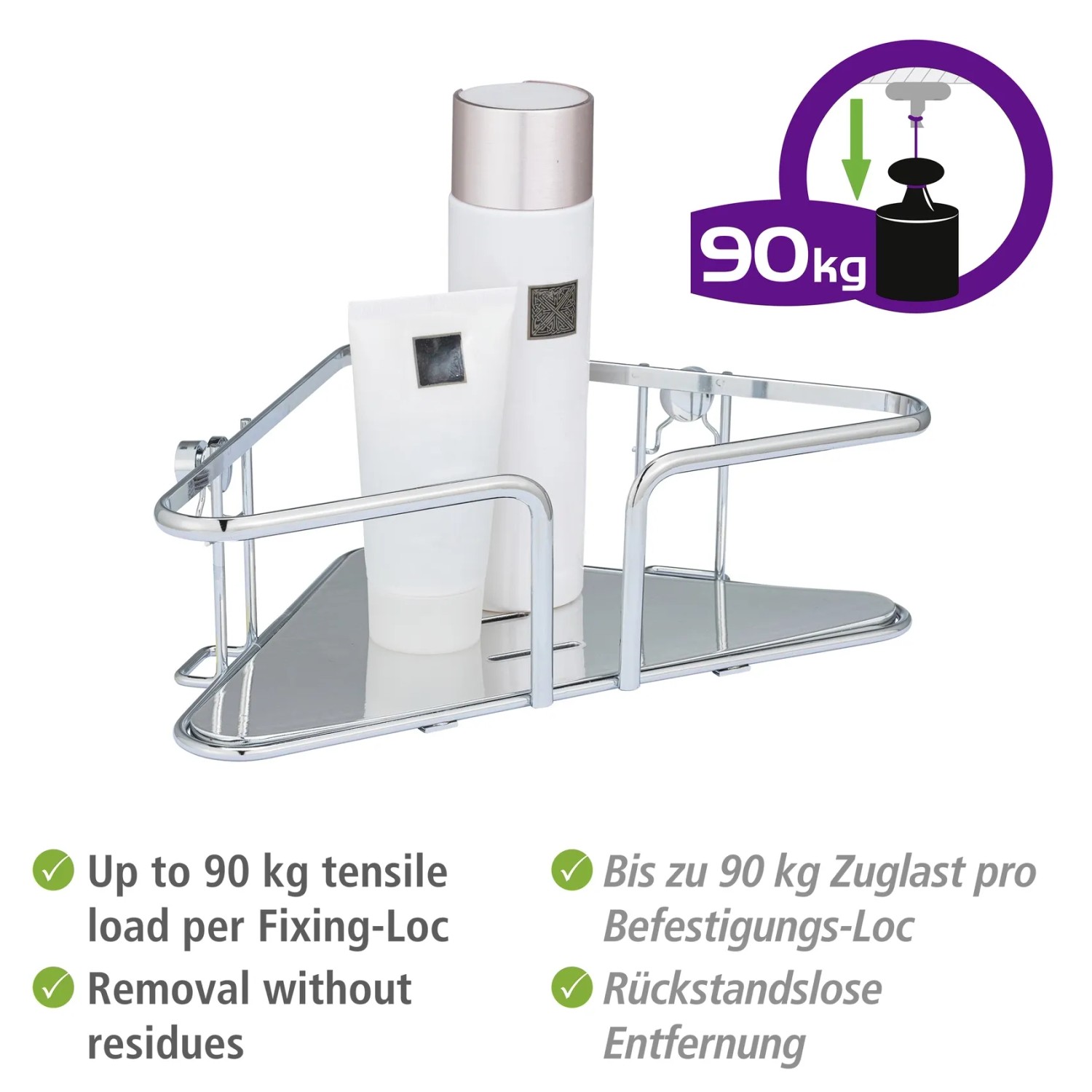 Wenko Eckablage Termoli, Edelstahl, glänzend silberfarben, mit zwei Badartikeln.