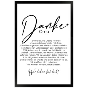 Gerahmtes Poster "Danke Oma" 30x45cm, Geschenkidee mit liebevollen Sprüchen im schwarzen Bilderrahmen.