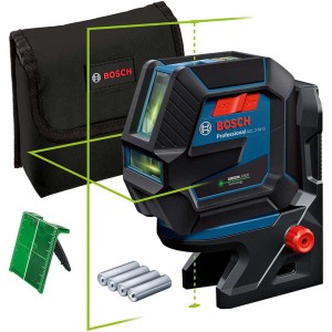 Bosch Professional GCL 2-50 G Kreuzlinienlaser mit Zubehör: Tasche, Batterien, Zieltafel und Stativ.