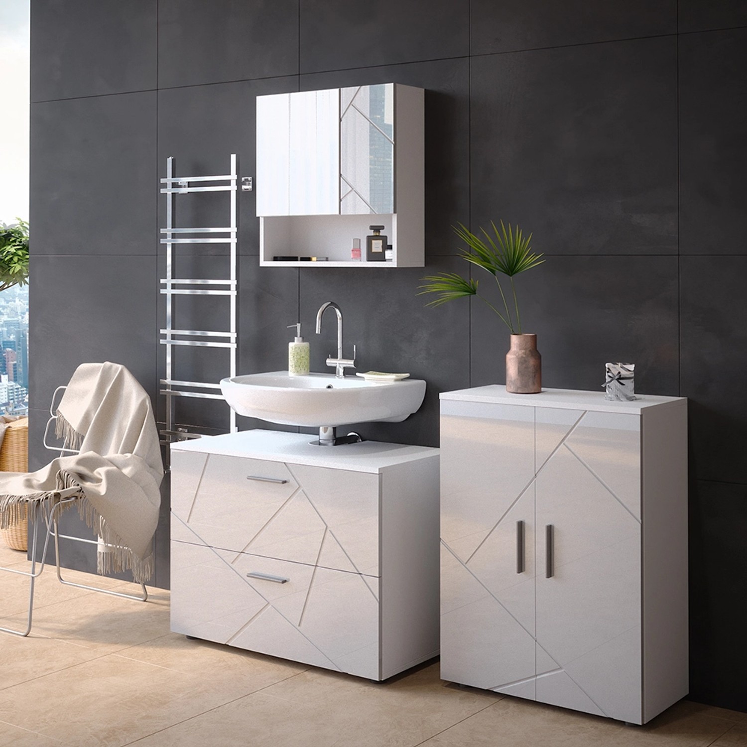 Vicco Badmöbel-Set Irma, 3-teilig, weiß hochglanz mit Unterschrank (80 cm), Spiegelschrank und Midischrank.