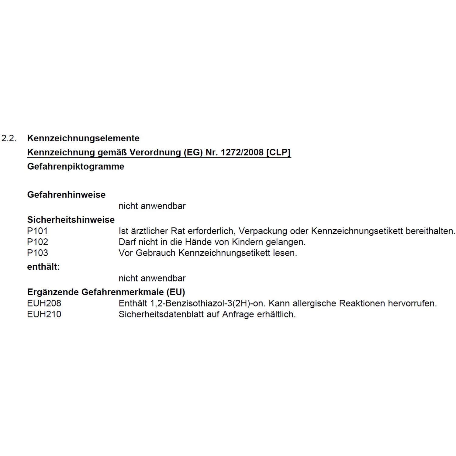 Sicherheitsdatenblatt mit Kennzeichnungselementen, Gefahren- und Sicherheitshinweisen.