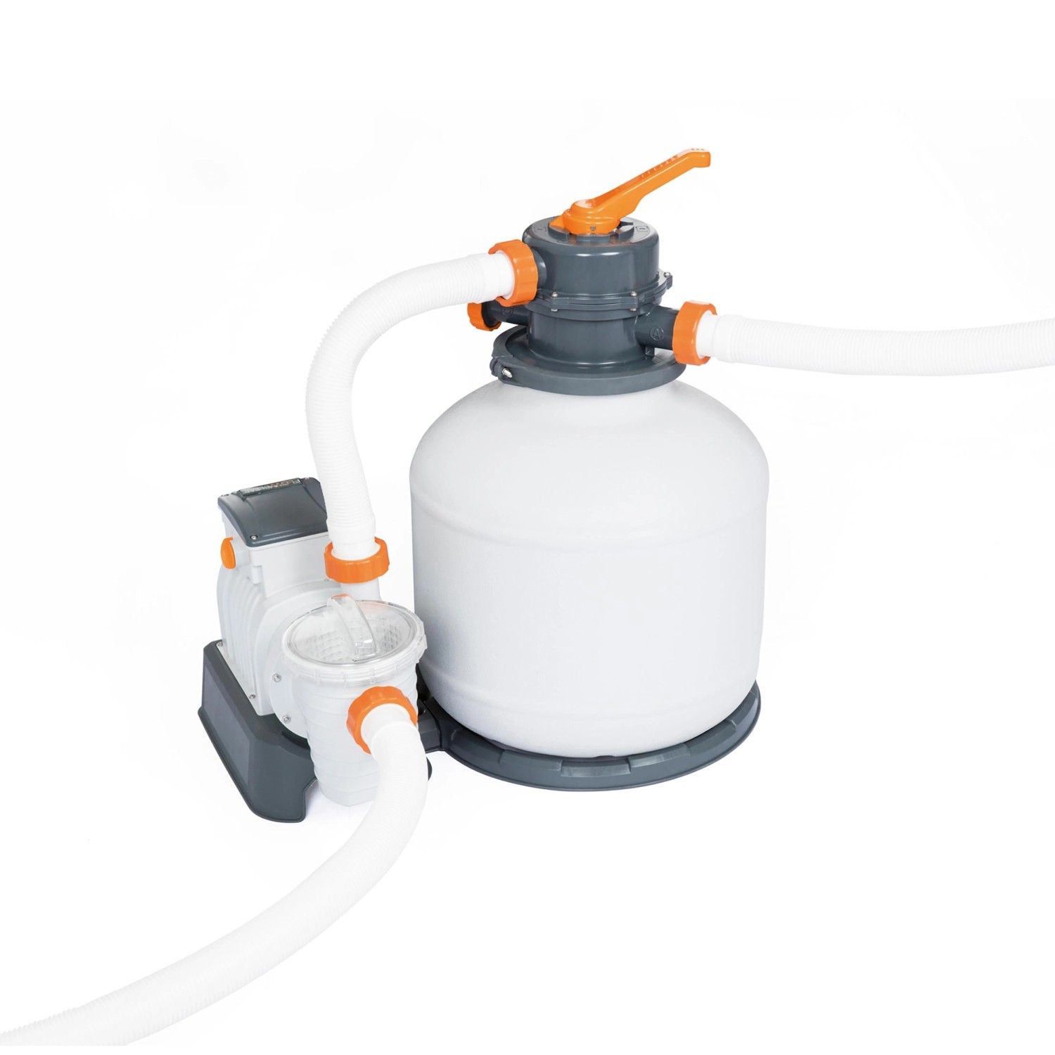 Bestway Sandfilteranlage für Stahlrahmen Pool, weißer Filterkessel mit Pumpe und Schläuchen.