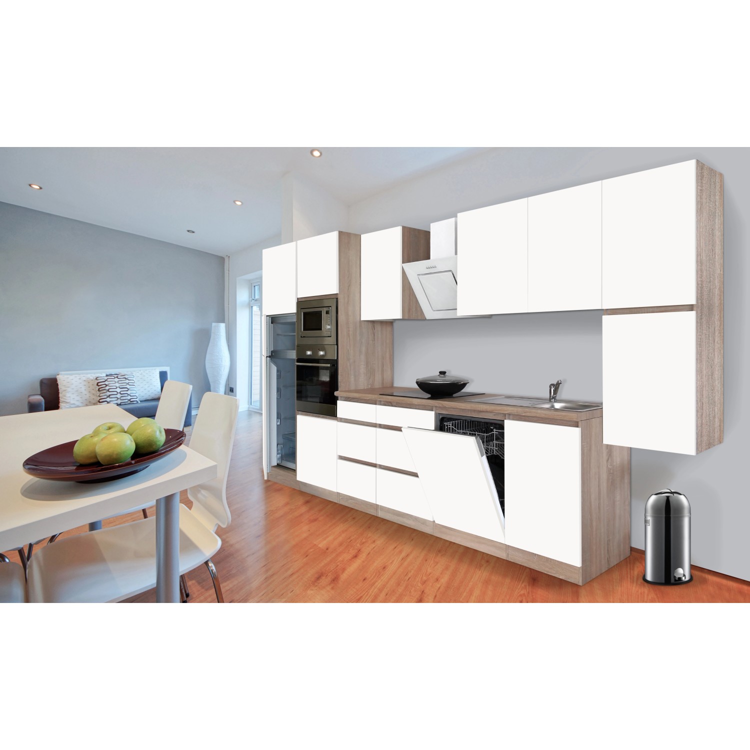 Moderne, grifflose Respekta Küchenzeile in Weiß Matt und Eiche Sägerau mit E-Geräten.