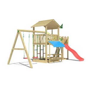 Jungle Gym Spielturm Cascade mit 2 Schaukeln, Brücke und roter Rutsche.