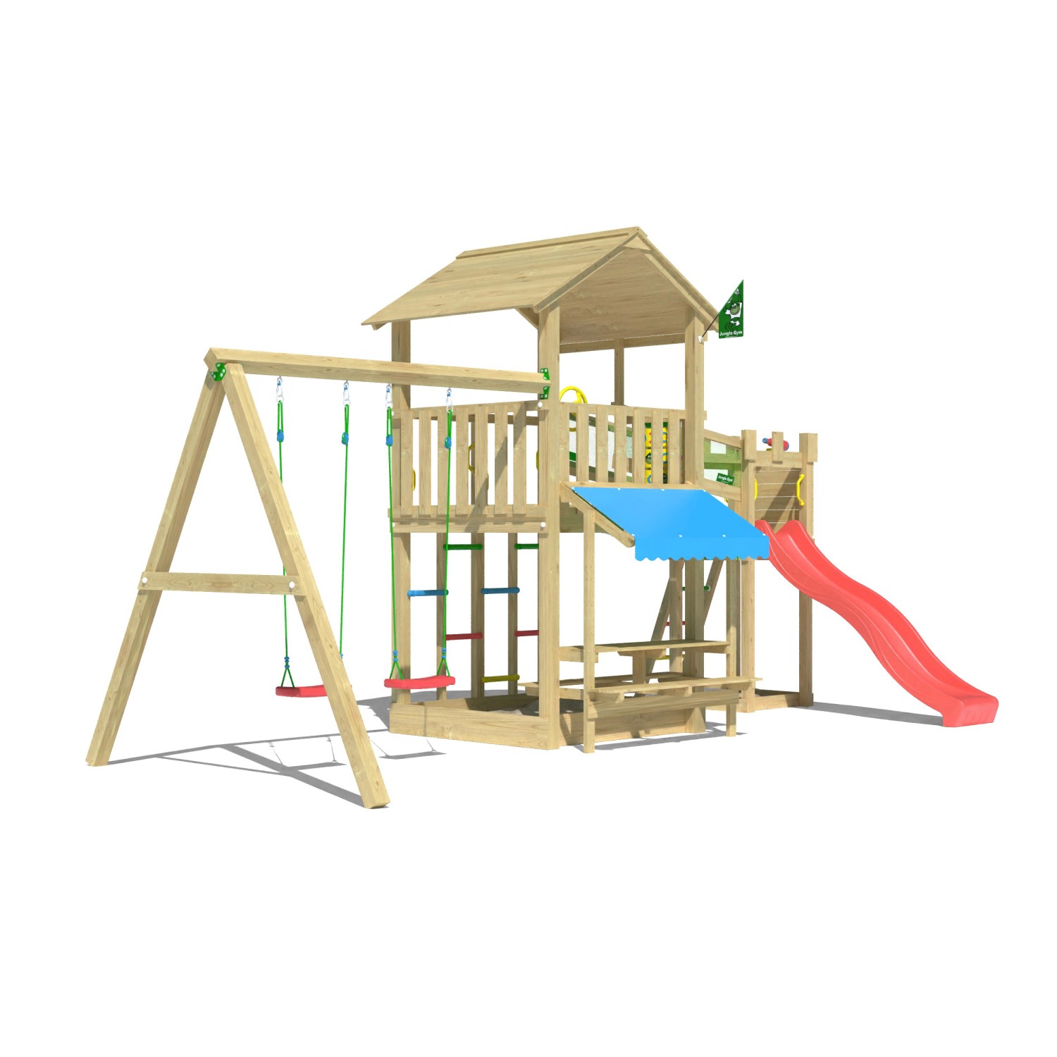 Jungle Gym Spielturm Cascade Holz Picnic m. 2 Schaukeln Brücke Rutsche Rot günstig online kaufen