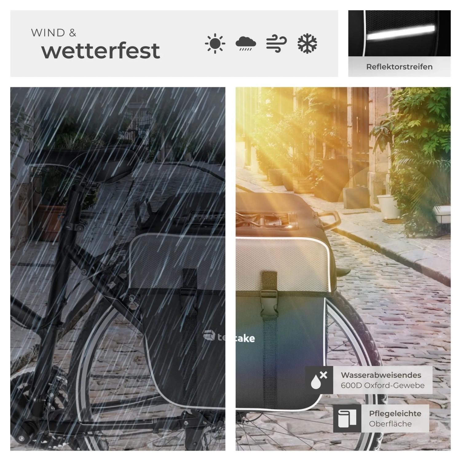 Tectake Fahrradtasche Georg, wasserabweisend, schwarz, am Gepäckträger montiert.