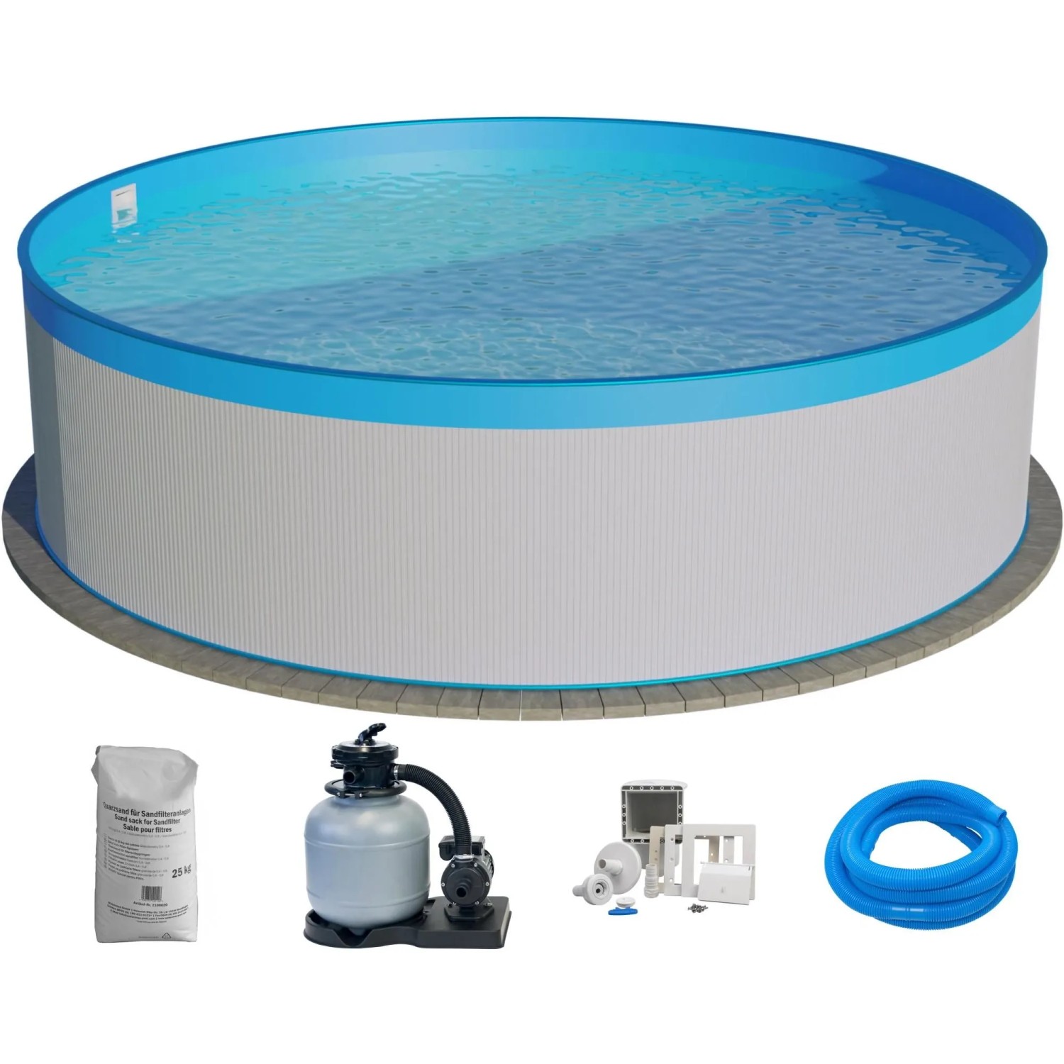 Waterman Stahlwandpool Set 6 teilig Rund 300 x 90 cm Stahl 0,3 mm Weiß Folie 0,2 mm Blau Waterman Stahlwandpool Set 6 teilig Rund 300 x 90 cm Stahl 0,3 mm Weiß Folie 0,2 mm Blau