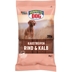 Verpackung Perfecto Dog Kaustreifen Rind, 20 Stück. Hunde-Snack mit Rind und Kalb.